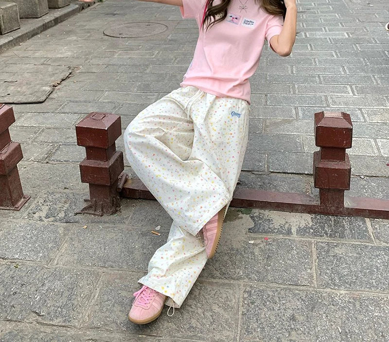 Zoki Stars Print Letter Cargo Pants Women Sweet Fashion High Waist Wide Leg Trousers Casual Loose Preppy Style Female Cute Pants