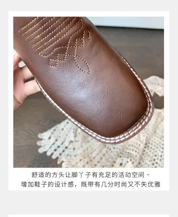 Fall Women Mid-calf Boots 2025 Vintage Leather-covered Brown Western Cowboy Boots Embroidered Chunky Heel Thigh-high Knight Boot