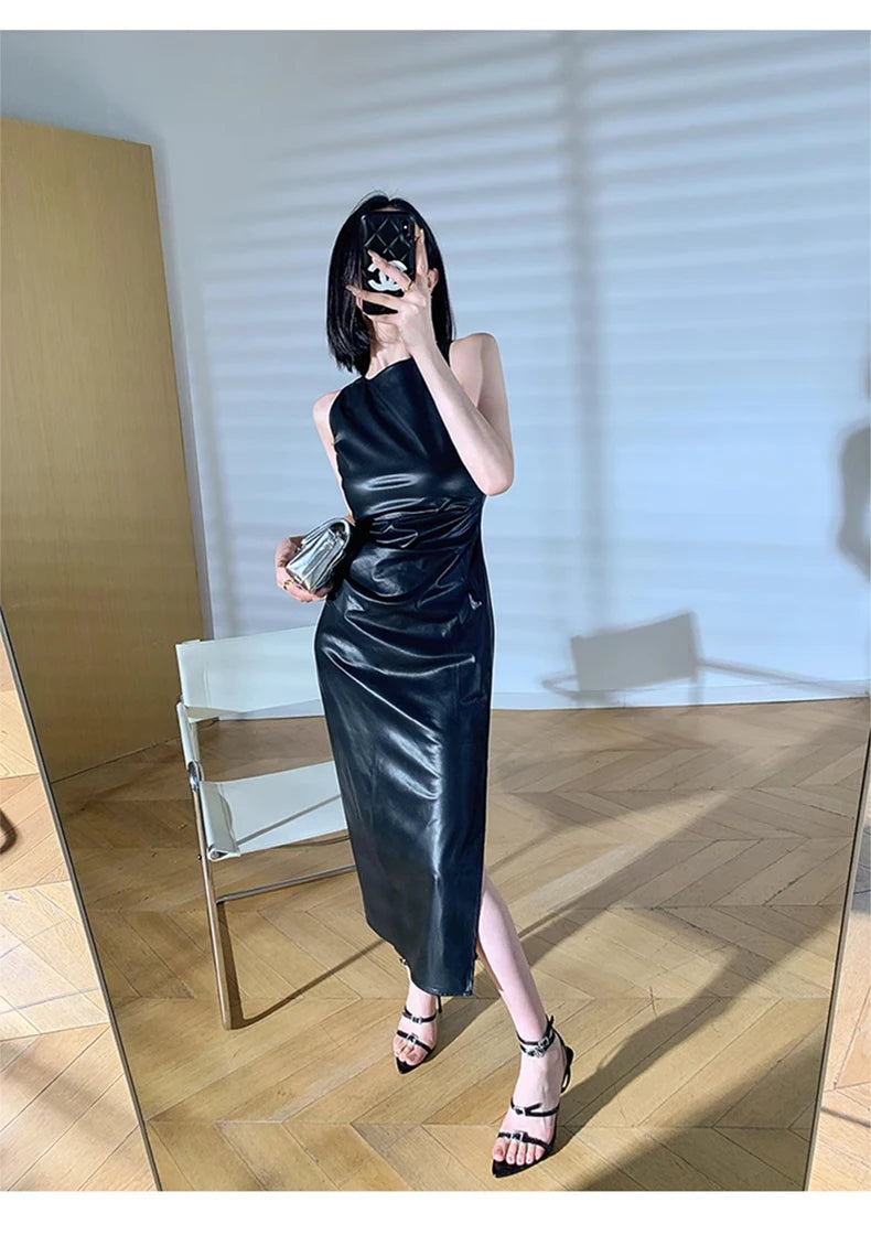 Lautaro Spring Autumn Sleeveless Backless Black Stretchy Blue Soft Faux Leather Midi Tank Dress Women Slim Fit Long Dresses 2023