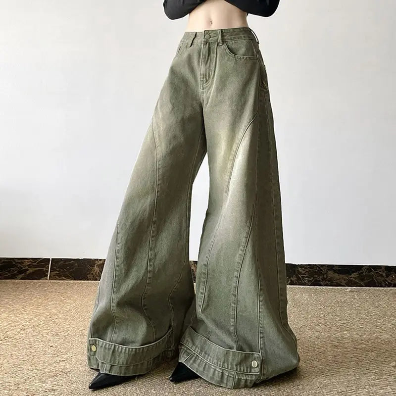 Retro Fashion Old-segmented Denim Cargo Pants Low Waist Loose American Street Harajuku Casual Jeans Women Unisex Wide-leg Pants