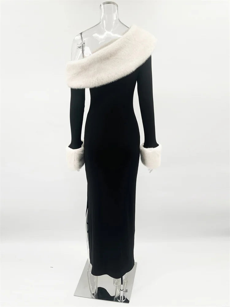 Tossy Fluffy Winter Slim Maxi Dress Female High Waist Long Sleeve Sexy Off-Shoulder Patchwork Bodycon Dress Ladies Party Dress