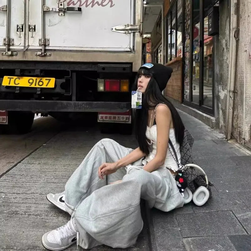 【 Wide Leg Fashion 】 Design Sense Grey Wide Leg Sanitary Pants for Women 2025 Spring Loose and Slim Versatile Casual Sports Pant