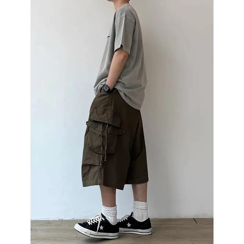 Vintage Brown Cargo Shorts Women Oversized Y2k Grunge Cropped Pants Wide Leg Hip Hop Style Streetwear Baggy Pockets Short Pant