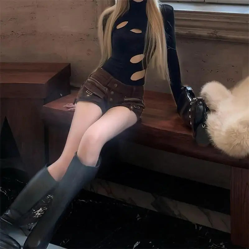 Sexy Dot Hollow Out Bodysuit Y2K Gothic Punk Long Sleeves Skinny High Collar T-shirt Women Autumn Streetwear Slim Bodysuits