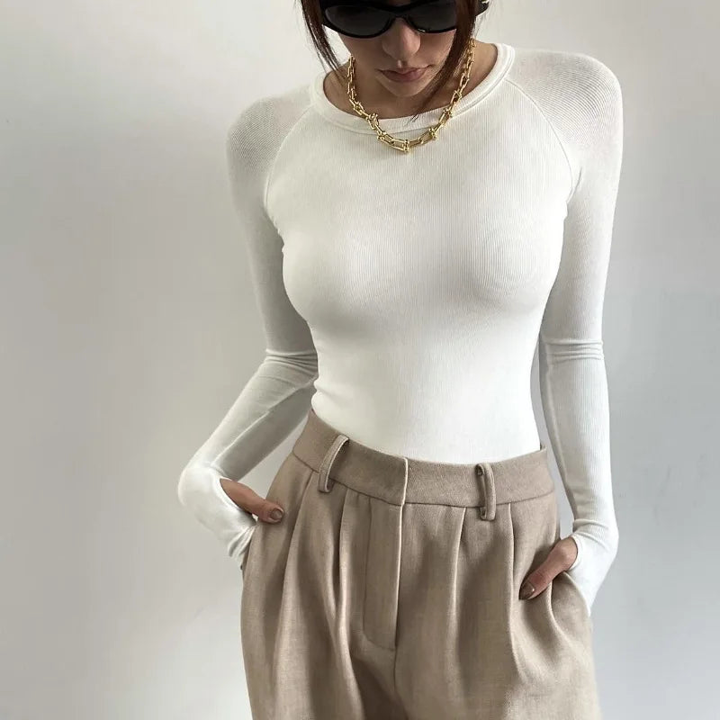 Women Bodysuit New Autumn Long Sleeved Round Neck Pullover With Crotch Jumpsuit Women's Fit Slimming Top One-piece T-shirt