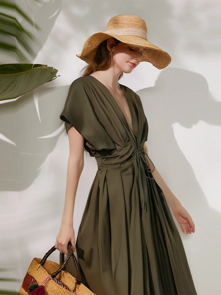 Summer Pleated A-line Midi Dress Women's Casual Lace Up Loose High Waist Solid Robes 2025 Office Lady Commute Street Vestidos