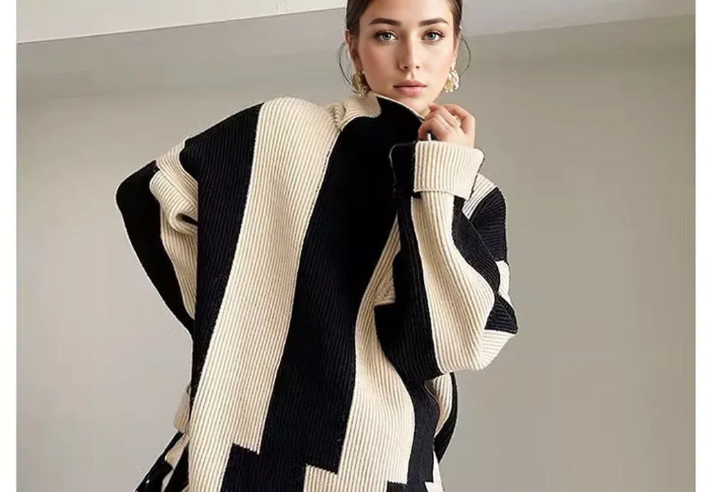 High-crowned Lazy Style Black White Stripe Wool Coat Women Autumn Winter Outdoor Warm Soft Cover Knitted Top Thick