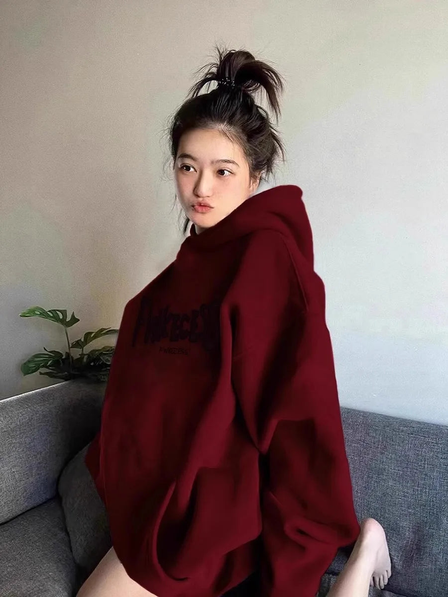 Burgundy Retro Sweatshirt Women's American Lazy Style Autumn and Winter oversize Design Spring Hooded Niche Jacket