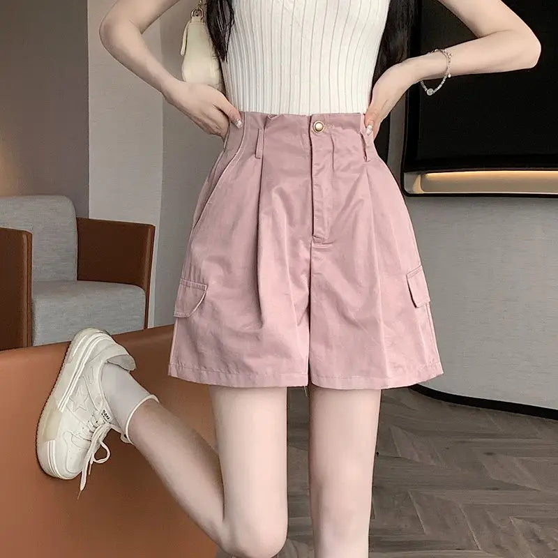 Wide Cargo Shorts for Women Pink Baggy High Waist Woman Short Pants Outfits Japanese 2000s Style Casual Design Streetwear Korean