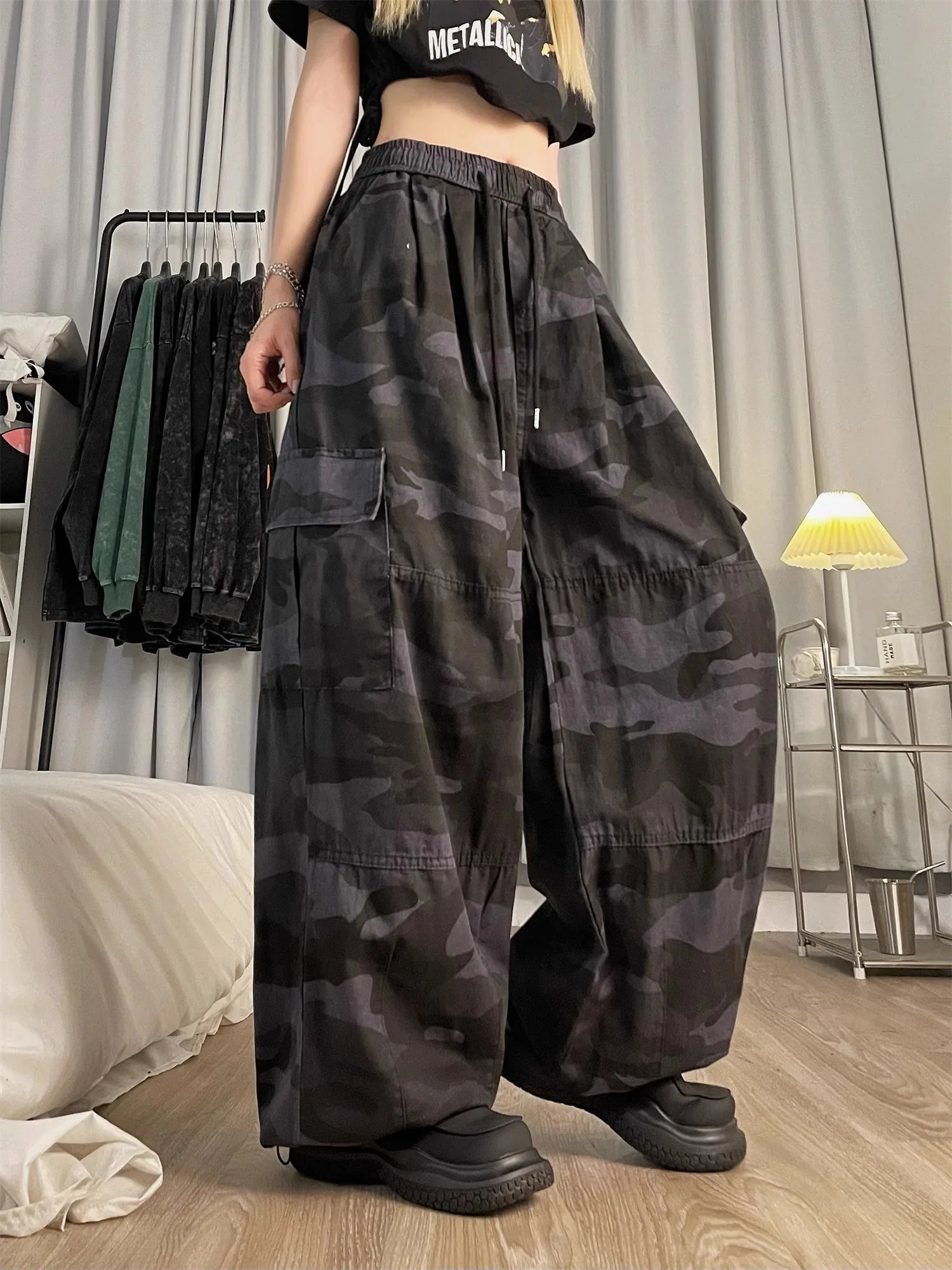 American High Street Camouflage Work Pants Women's Dstring Hip Hop Large Size Loose Straight Leg Wide Leg Trousers