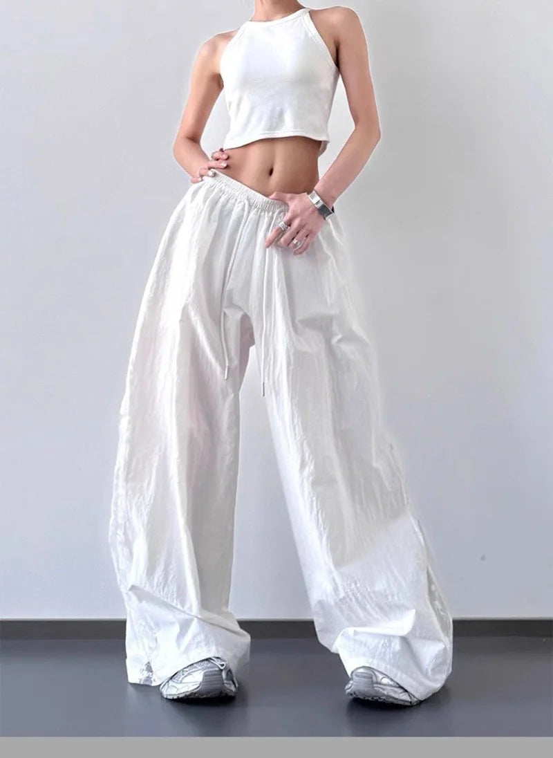 Jmprs Lace Patchwork Wide Leg Pants Women Oversize Streetwear High Waist Vintage Trousers Korean Casual Summer Sweet Retro Pants