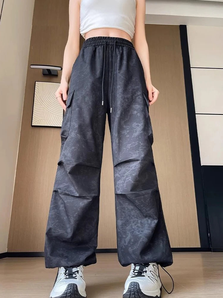 Zoki Tie Dye Streetwear Cargo Pant Women Vintage Loose High Waist Y2K Trousers Harajuku American Casual Summer Bf Wide Leg Pants