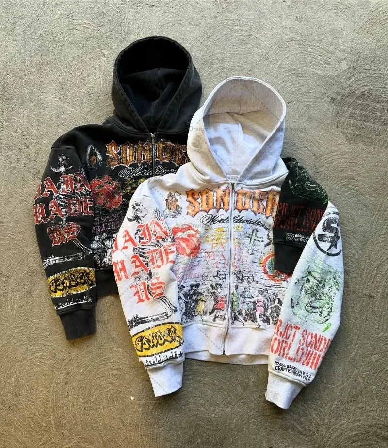 American Retro Y2K Skull Graphic Zipper Hoodie Men Gothic Punk Trendy Streetwear Jacket Hip Hop Harajuku Oversized Sweatshirt