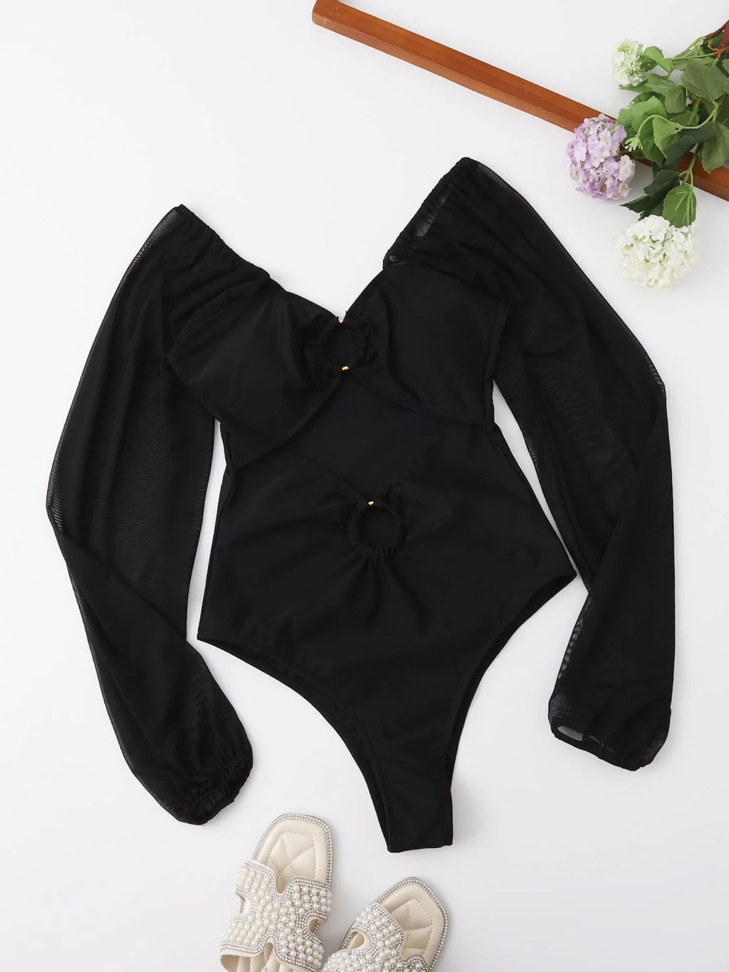 2025 Black Swimsuit One Piece Solid Long Sleeve Swimwear Women Bathing Suit Female Padded Swimming Summer Beachwear Bodysuit