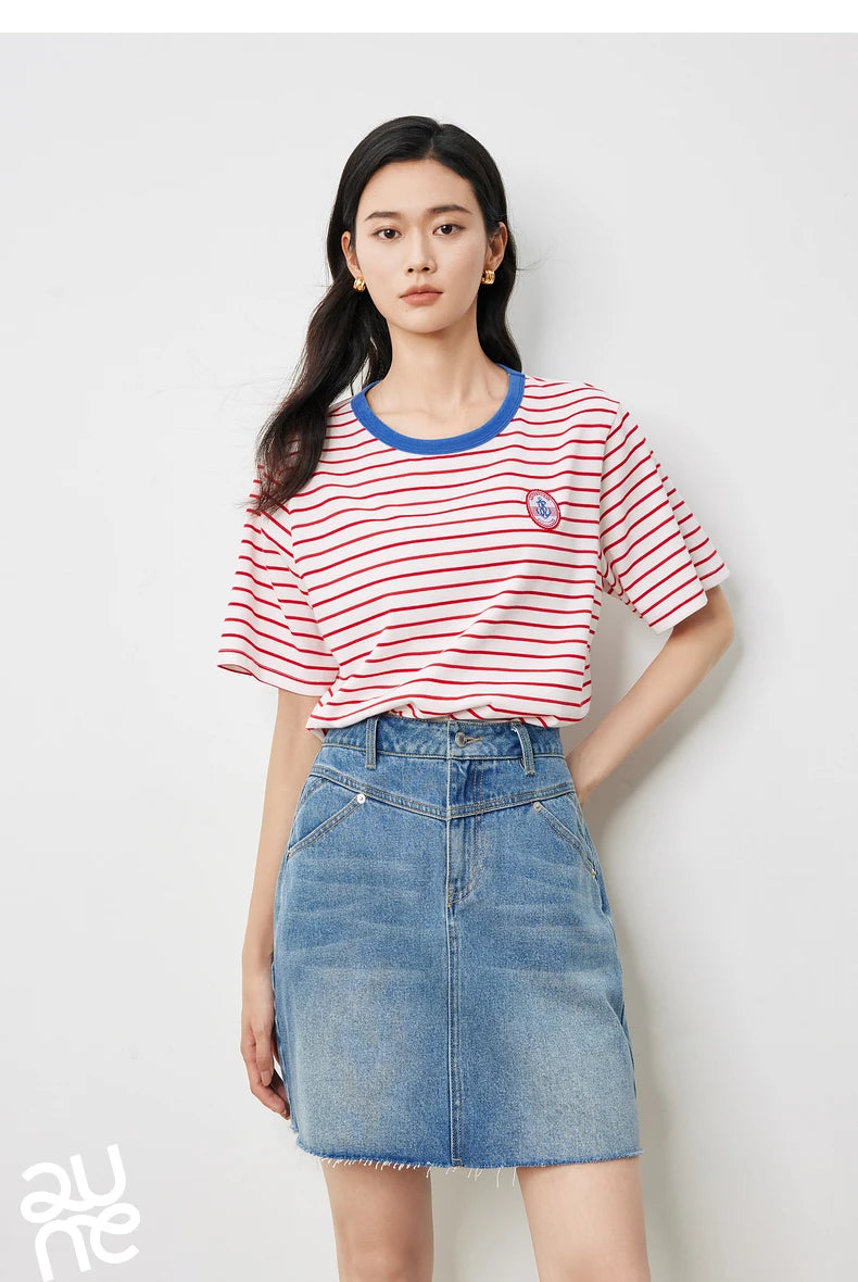 TOYOUTH Women Striped Short Sleeved T-shirt 2024 Summer New Academy Style Round Neck Top