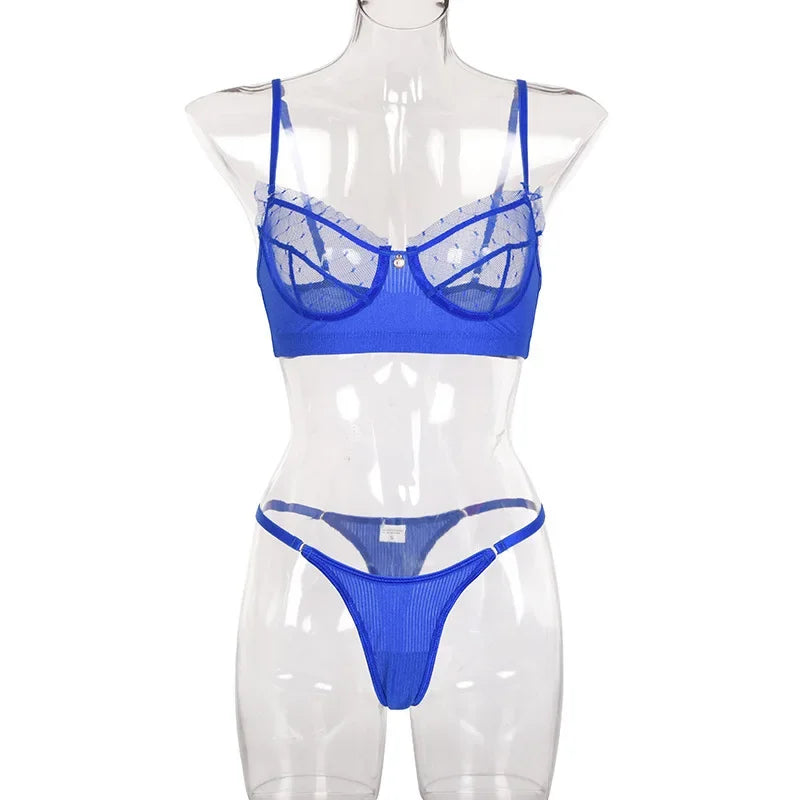 Ruffle Mesh Lace Lingerie 2 Piece Women Underwear Set Transparent Bras Panty Brief Sets White Sexy Lingerie Seamless Bra Set