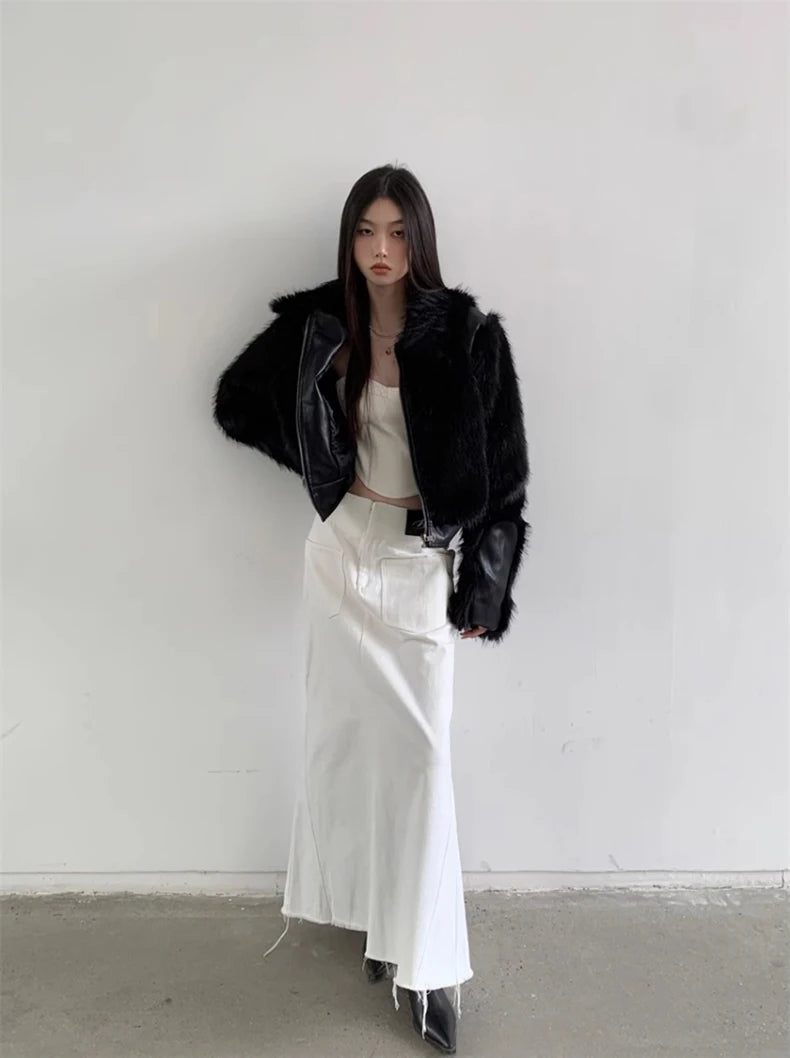 Lautaro Autumn Winter Cool Short Black Soft Thickened Warm Hairy Shaggy Patchwork Faux Fox Fur Coat Women Fluffy Jacket 2023