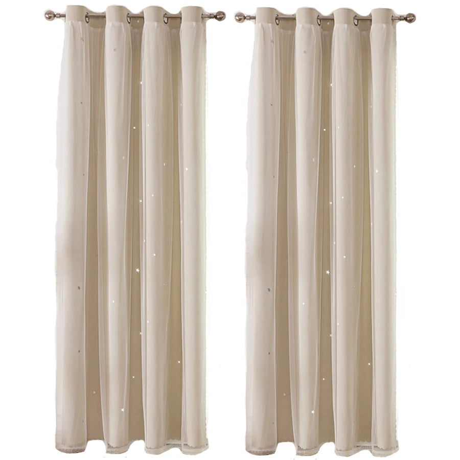 1Pc/2Pcs Girls Double Layer Hollow Out Stars Curtains Princess Romantic Bedroom Decor