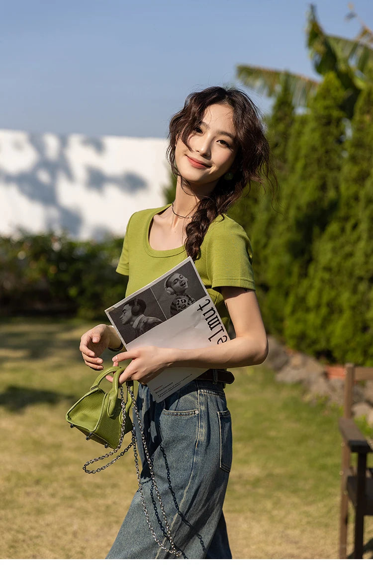 MISHOW Short Sleeve T-shirts Women Spring Solid Square-neck Top Elegant Woman Clothes Office Lady Cotton Tees MXC12T0641