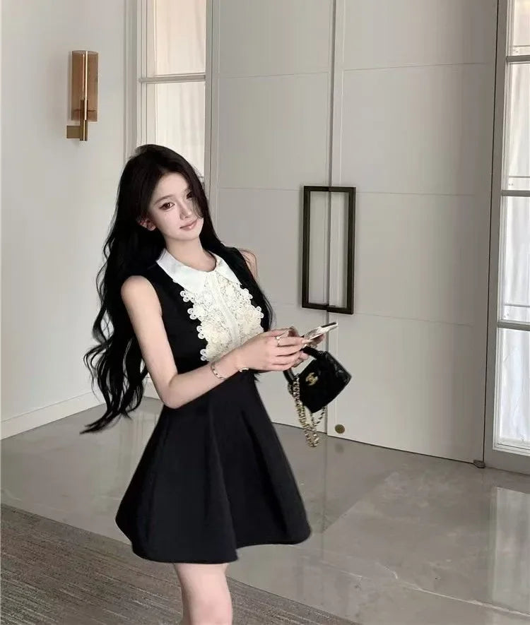 French Style Lace Doll Collar Vest Dress Women Summer Mini Skirt Waist Cinching Sleeveless Black Dress Polo Neckline Polyester F