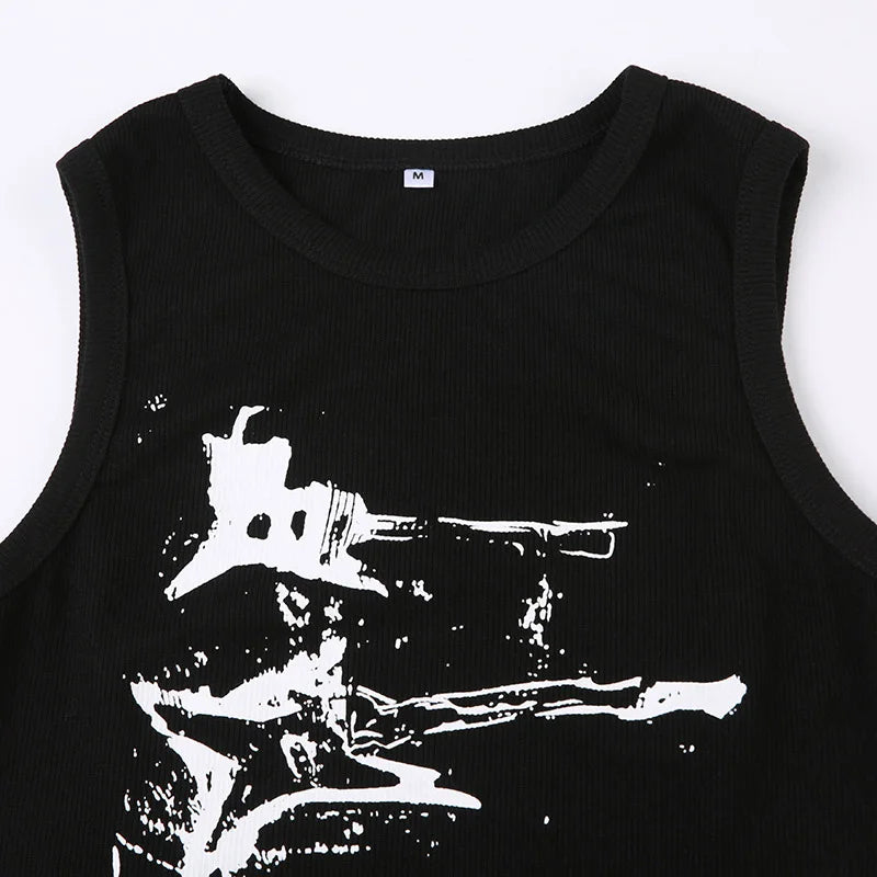 Guitar Print Sleeveless Tank Top Y2K Casual Ribbed Women Grunge Crop Top Harajuku Fashion Vest Tee 90s Street Outfits