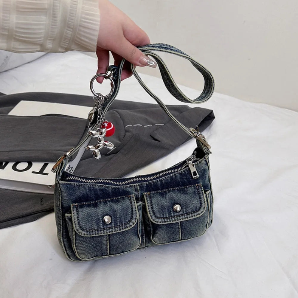 Fashion Handbag Retro Denim Bag Underarm Bag Crossbody Bag Spicy Girl Shoulder Bag Armpit Bag Y2K Cloth bag Shopping