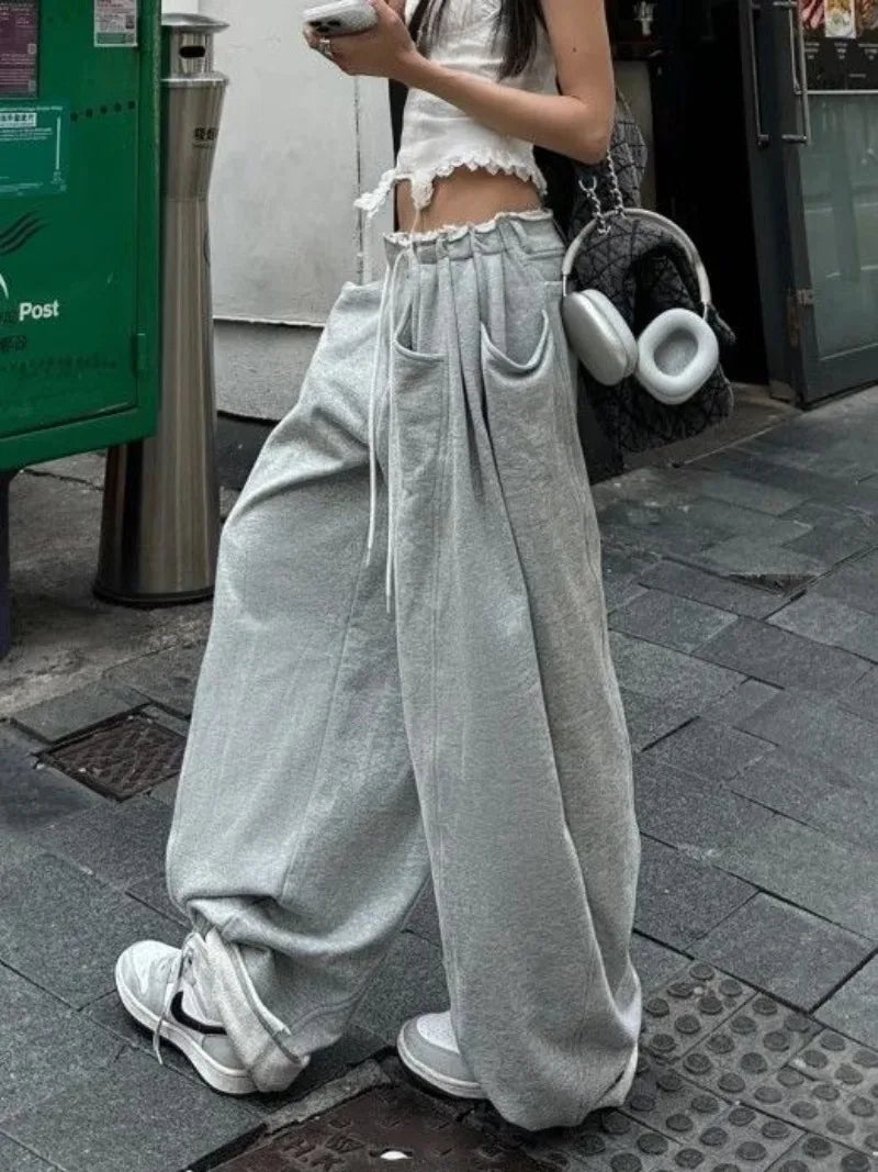 【 Wide Leg Fashion 】 Design Sense Grey Wide Leg Sanitary Pants for Women 2025 Spring Loose and Slim Versatile Casual Sports Pant