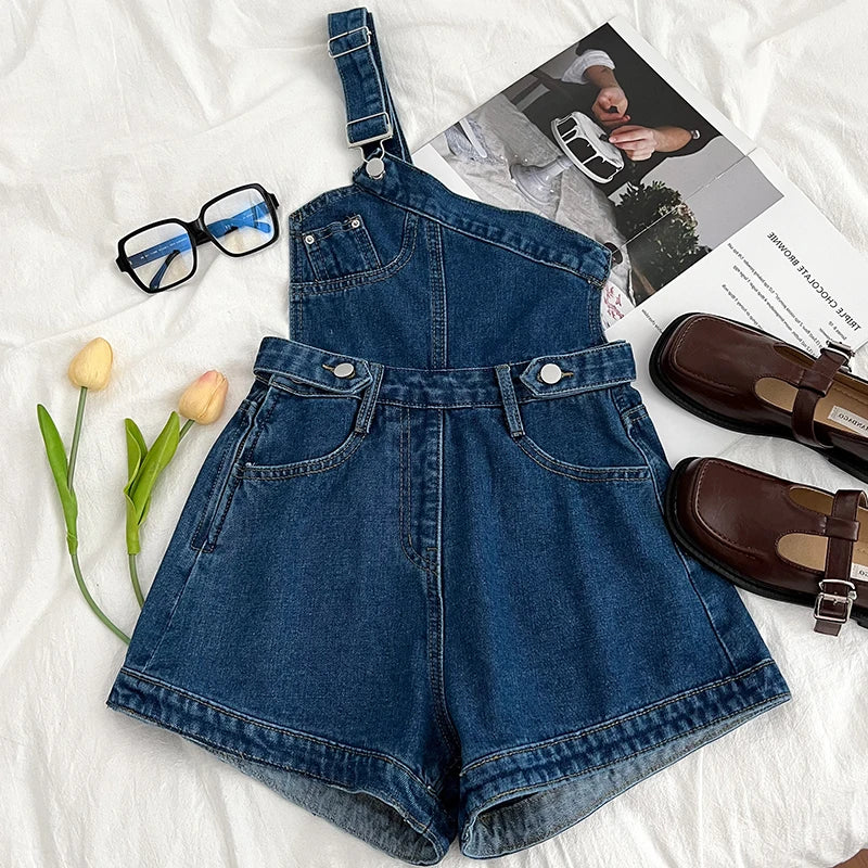 Casual Denim Jumpsuits Women Spring Summe Retro Short  Fashion  One-shoulder Wide Leg Pants 2024 New Cool Girls Streetwear