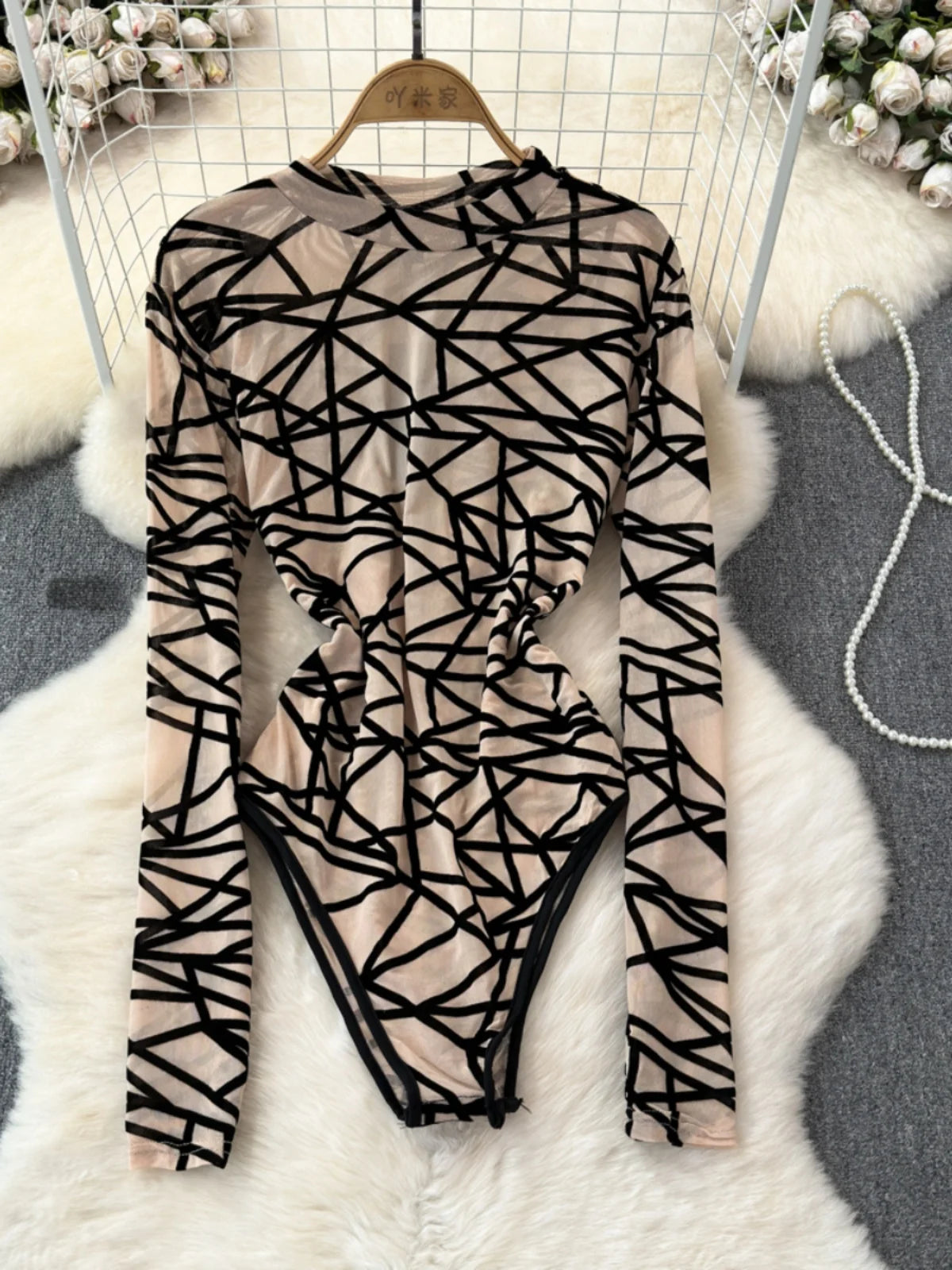 Foamlina Sexy Hollow Out Mesh Bodysuits for Women Fashion Striped Print Stand Collar Long Sleeve Slim Fit Club Party Jumpsuits