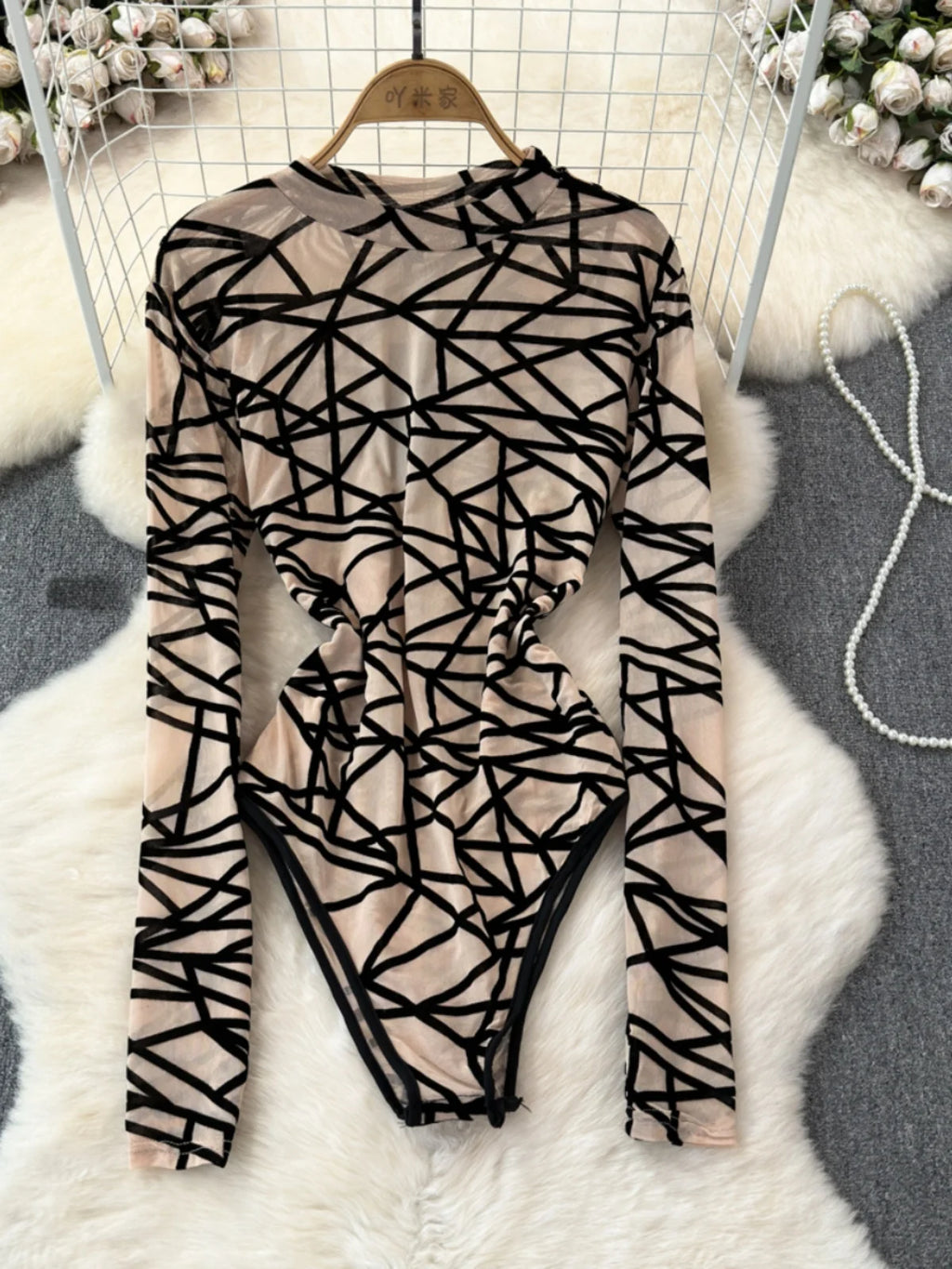 Foamlina Sexy Hollow Out Mesh Bodysuits for Women Fashion Striped Print Stand Collar Long Sleeve Slim Fit Club Party Jumpsuits