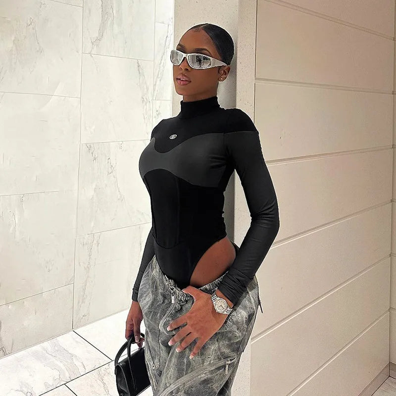 Long Sleeve Bodycon Lenceria Femenina Turtleneck Lingerie Sexy Body Feminino Black Tops Women PU Patchwork One-Pieces Bodysuit