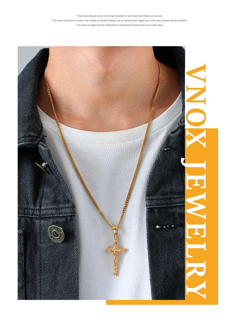 Vnox Cross Necklace for Men Women,Catholicism Jesus Pendant,Gold Color Stainless Steel Unisex Collar,Church Prayer Faith Jewelry