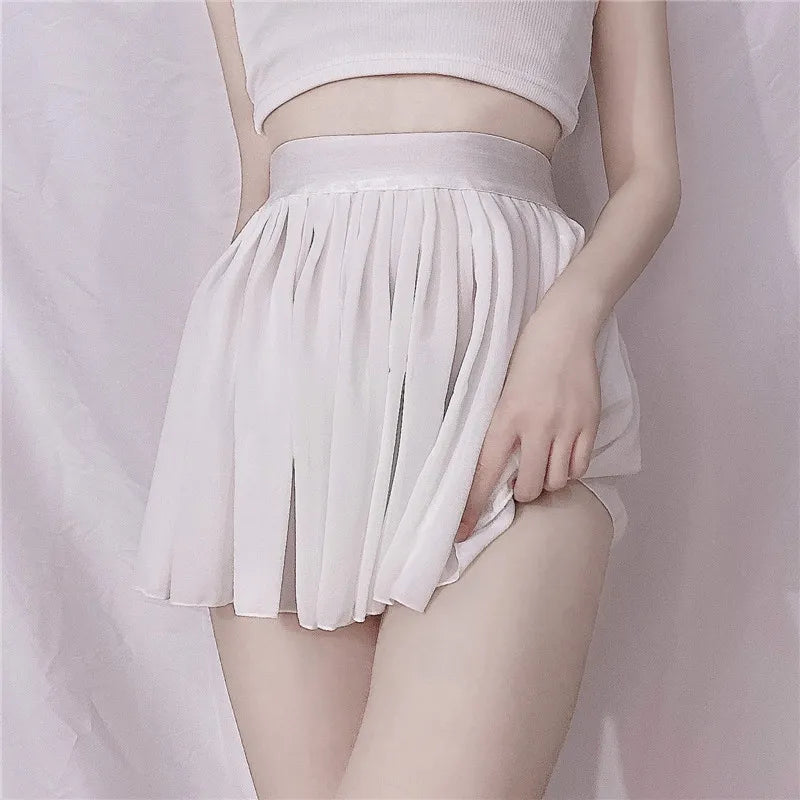 FREEAUCE Elastic See Through A-Line Pleated Mini Skirts Solid Black Sexy Long High Waisted White Lace Short Skirt for Women