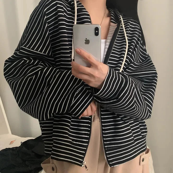 Spring 2025 Women's Chic Loose Casual Lazy Sle Striped Hooded Jaet with ket Open Cardigan Sweatirt Comfortable Fit