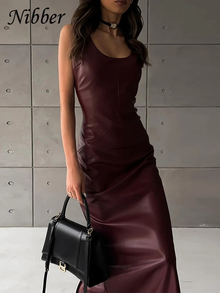 Nibber Vintage Elegant Dress Women Summer Leather Classic Sleeveless Slits Basic Simple Trend Solid Stretch Party Long Bodycon