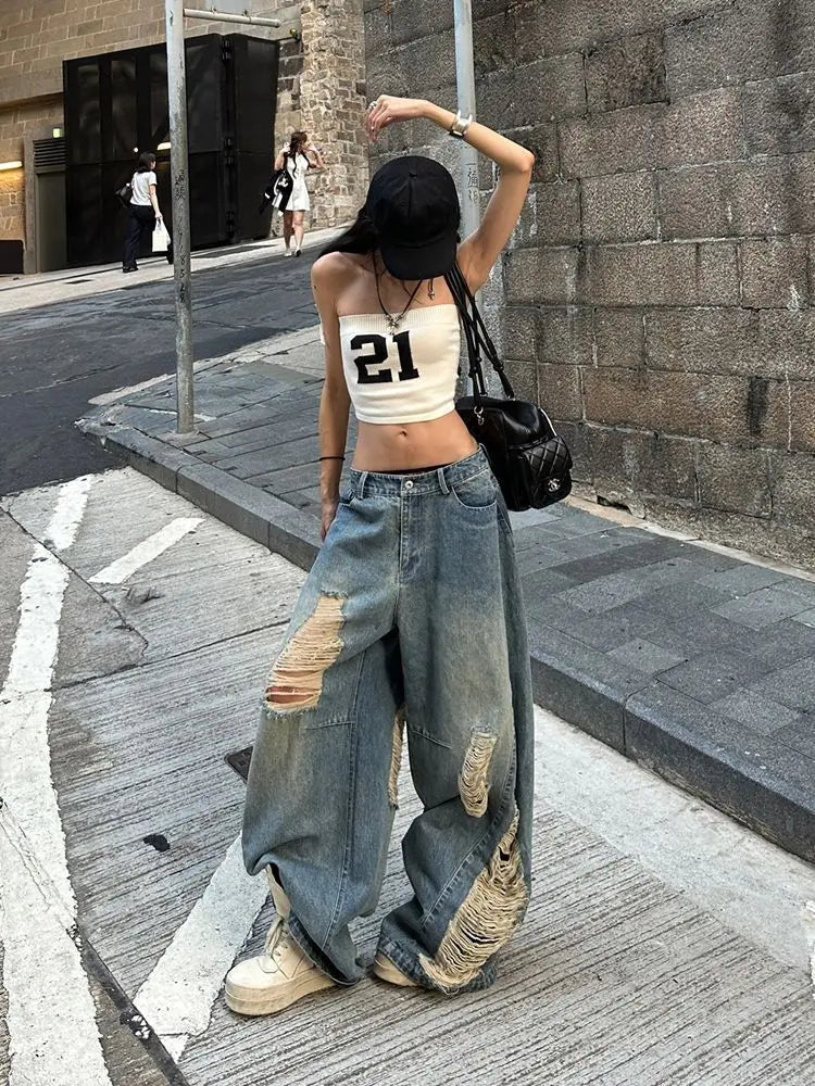 American Style Distressed Washed Jeans Women Summer Y2k Streetwear High Waist Hip Hop Wide Leg Pants 2025 New Casual Loose Jeans
