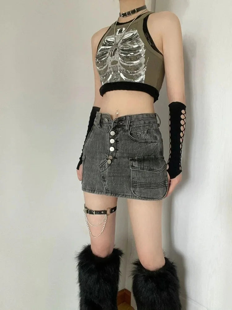 Punk Aesthetic Cyber Retro X-ray Skeleton Print Rib Sleeveless Vest ArmyGreen Crop Top Designer Clothes Women 2023 Summer Emo