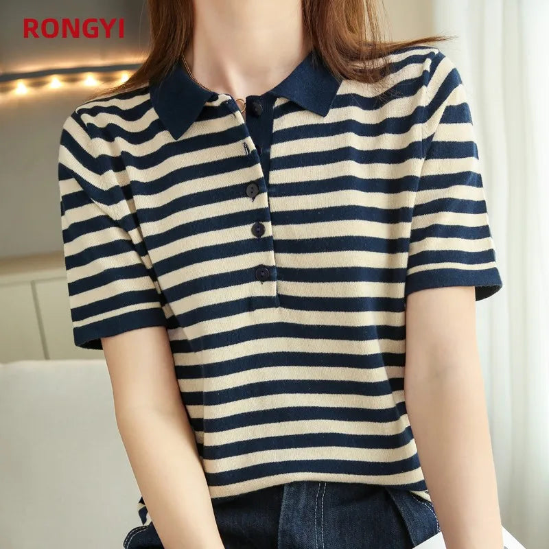 RONGYI 100% Cotton Women's Spring And Summer New Polo Neck Knitted Pullover With Stripes And Thin Short Sleeve T-Shirt Loose Top