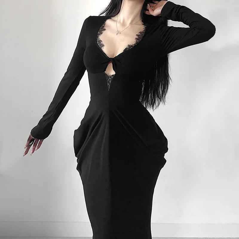 AltGoth Fairycore Grunge Elegant Midi Dress Women Mall Gothic Sexy Lace Patchwork Hollow Out Long Sleeve High Waist Corset Dress