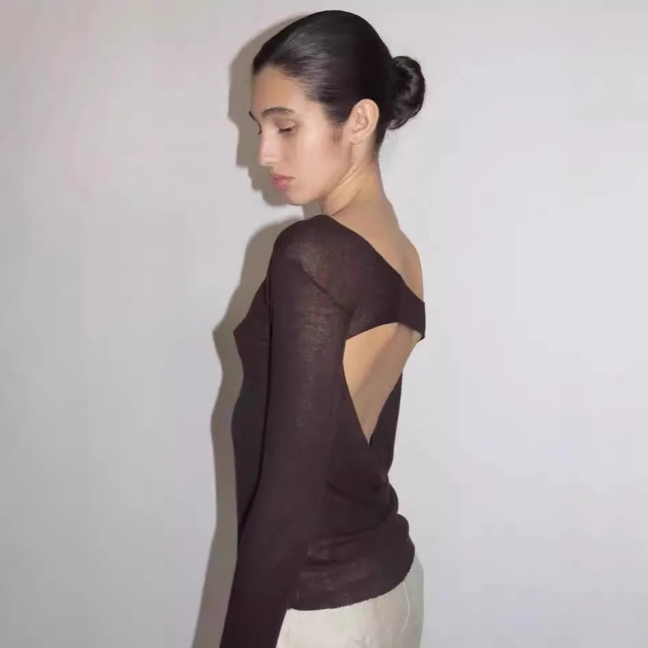 pa wl one-shoulder long-sleeved top, female wool blend off-the-shoulder base shirt, cutout backless knitted sweater