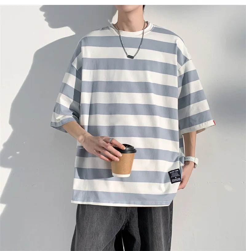 Men's Cotton T-shirt Striped Mens Oversized T Shirts Split Hem Fashion Tee Shirts Casual Wear Summer Tshirt 5XL Big Size for Man