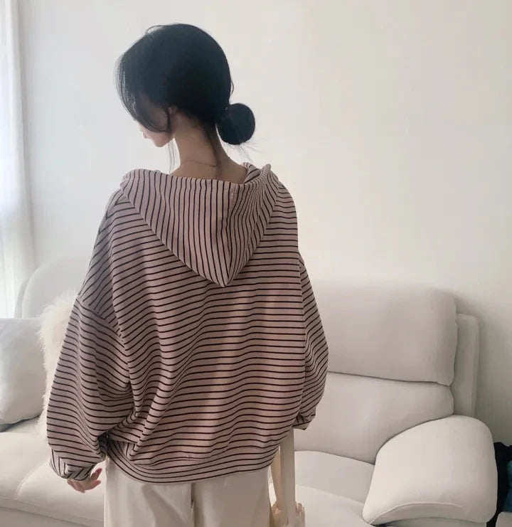Spring 2025 Women's Chic Loose Casual Lazy Sle Striped Hooded Jaet with ket Open Cardigan Sweatirt Comfortable Fit