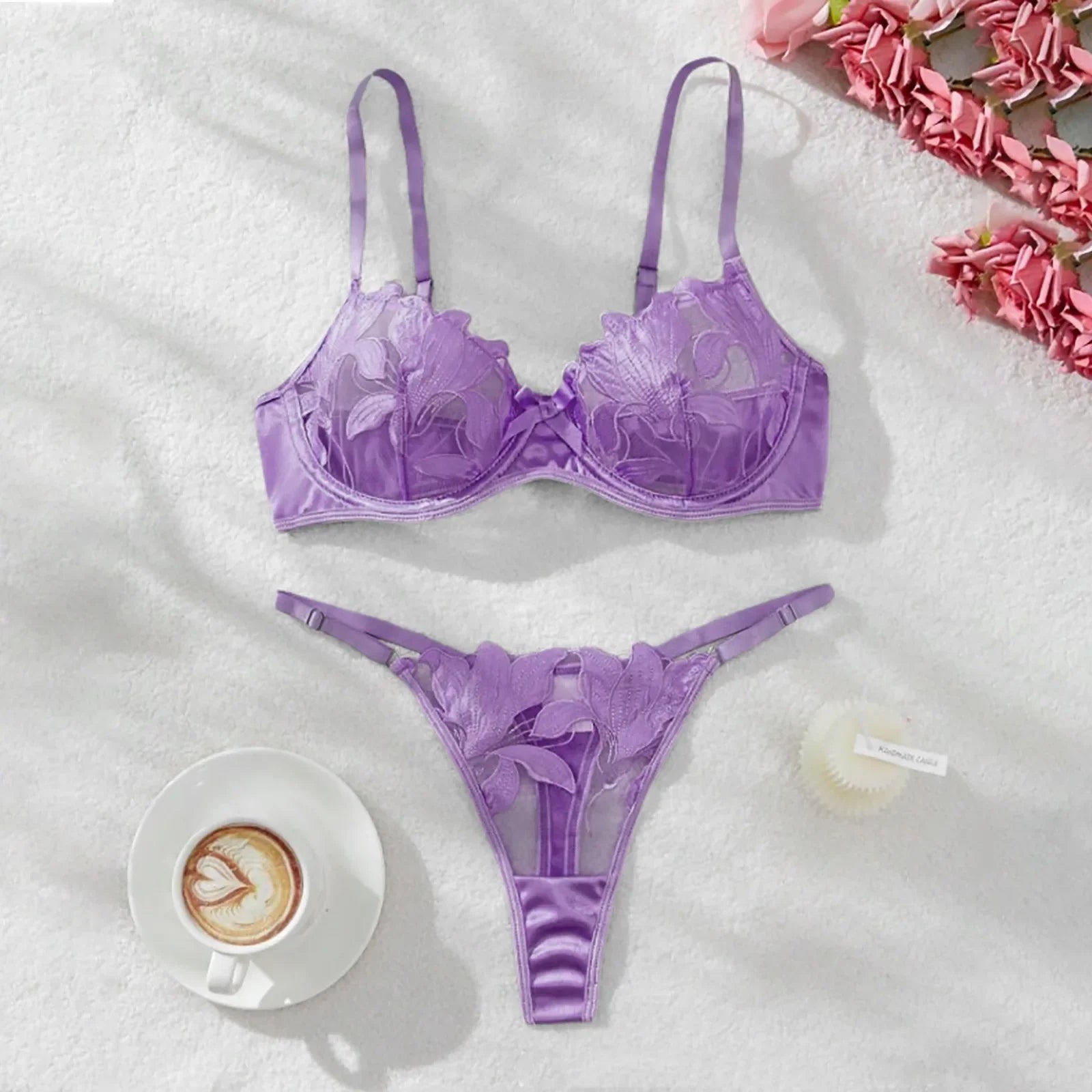 Women'S 2 Piece Lingerie Set Floral Embroidered Lace Sexy Satin Mesh Ingerie Bra And Panty Set Negligee Lingerie Sexy