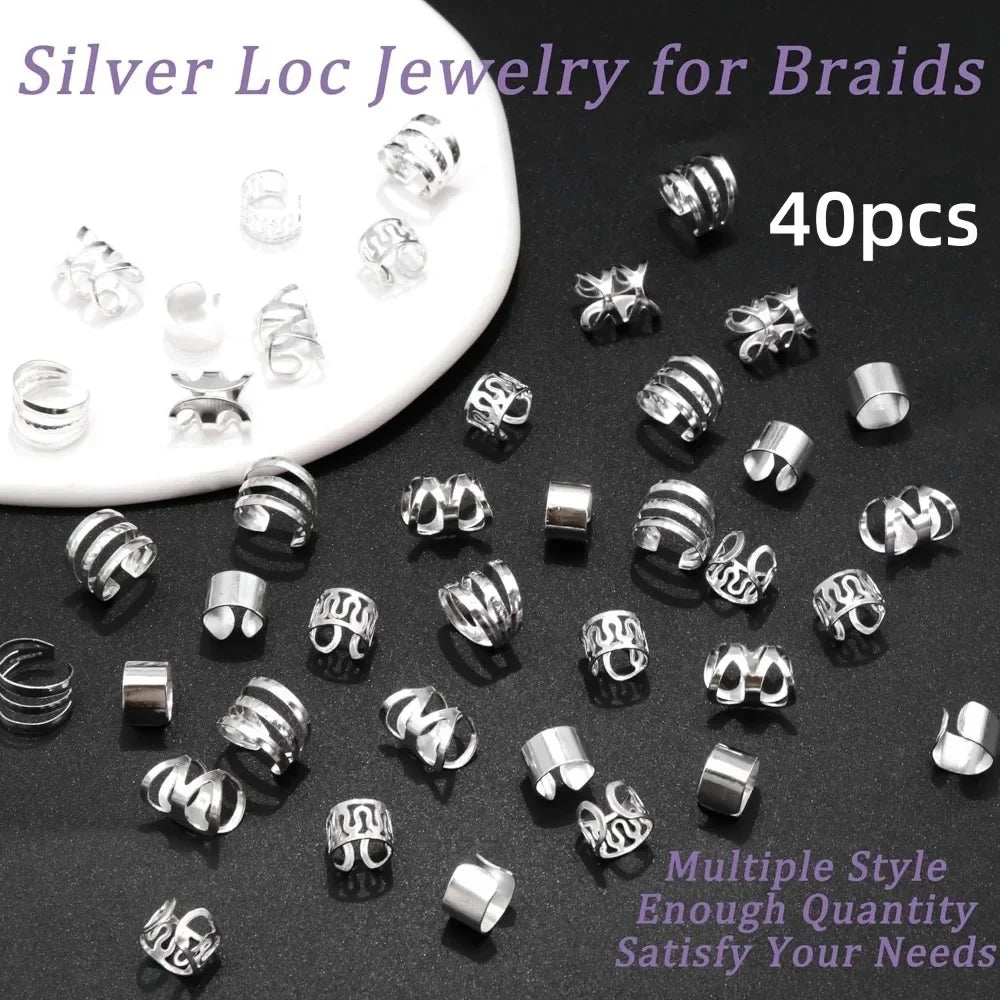 40PCS Hair Jewelry for Braids Gold Hair Cuffs Multi Style Rings Adjustable Hair Beads for Braid Loc Dreadlock Accessories