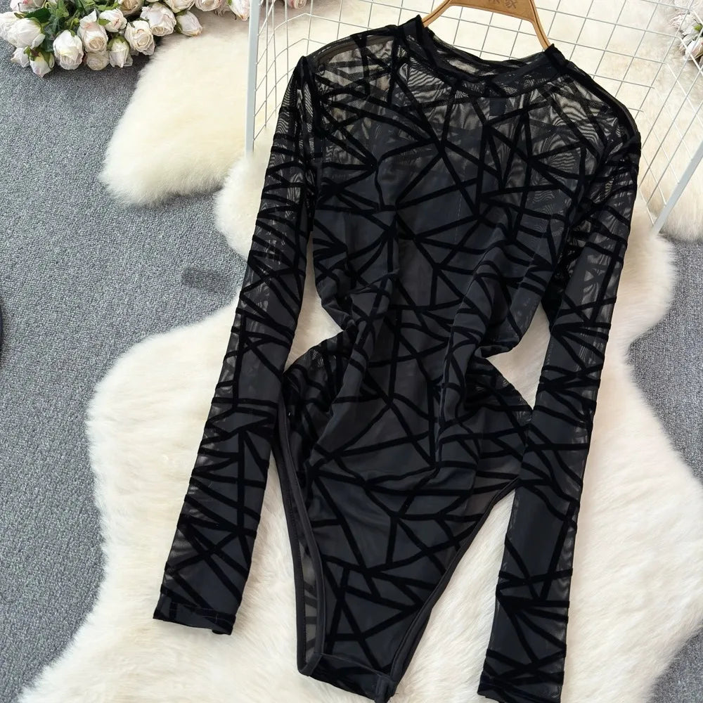 Foamlina Sexy Hollow Out Mesh Bodysuits for Women Fashion Striped Print Stand Collar Long Sleeve Slim Fit Club Party Jumpsuits