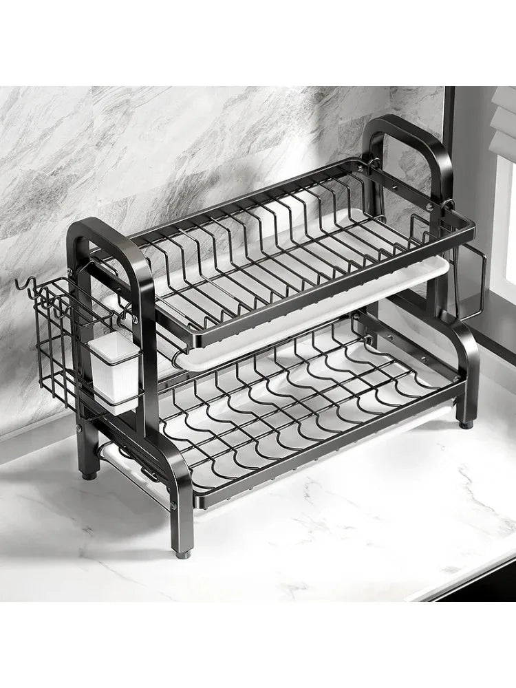 Kitchen 2nd floor storage cutlery and bowl rack set with cutlery rack, large anti rust cutlery drainage board