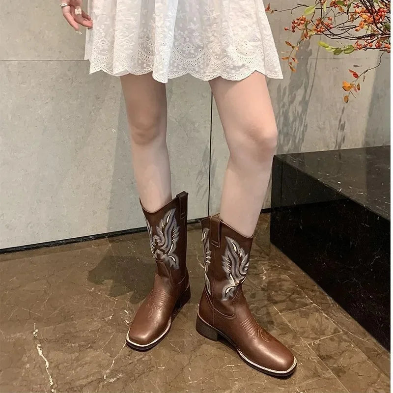 Fall Women Mid-calf Boots 2025 Vintage Leather-covered Brown Western Cowboy Boots Embroidered Chunky Heel Thigh-high Knight Boot