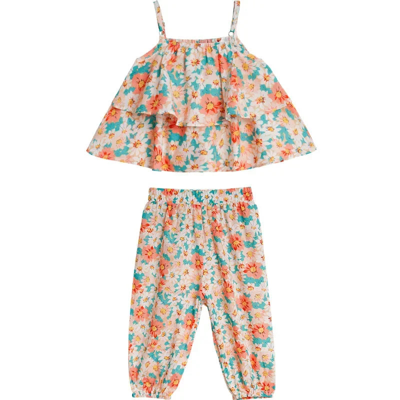 2024 Summer New baby Girls' Suits Cute Floral Vest And Anti-Mosquito Pants Children Clothing Sets Fashion Kids Outfit