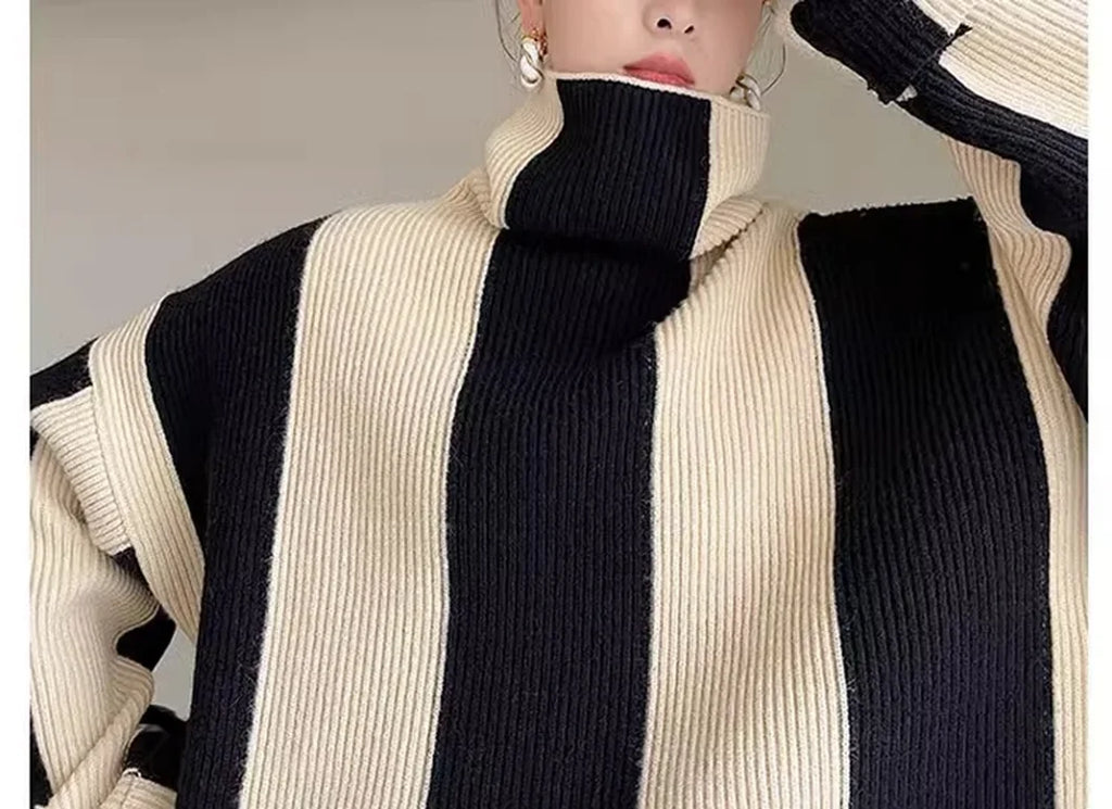 High-crowned Lazy Style Black White Stripe Wool Coat Women Autumn Winter Outdoor Warm Soft Cover Knitted Top Thick