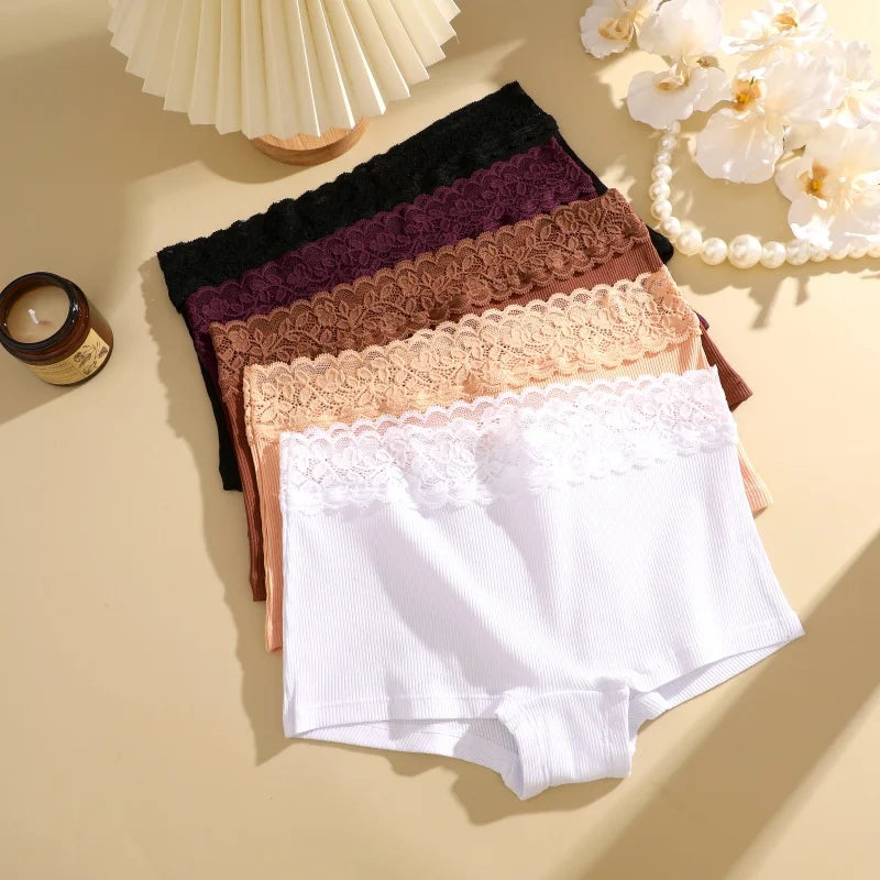 3Pcs Women's Cotton Lace Panties Boxers Seamless Boxer Underwear Female Solid Color Briefs Cozy Lingerie Intimate Underpant S-XL